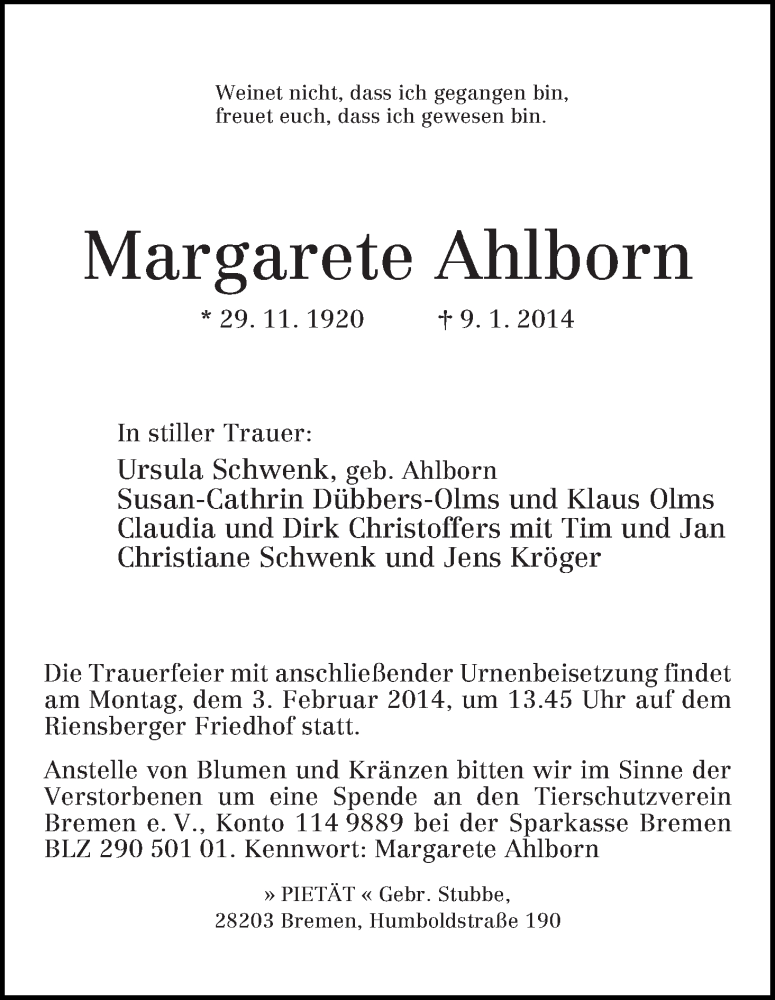  Traueranzeige für Margarete Ahlborn vom 25.01.2014 aus WESER-KURIER