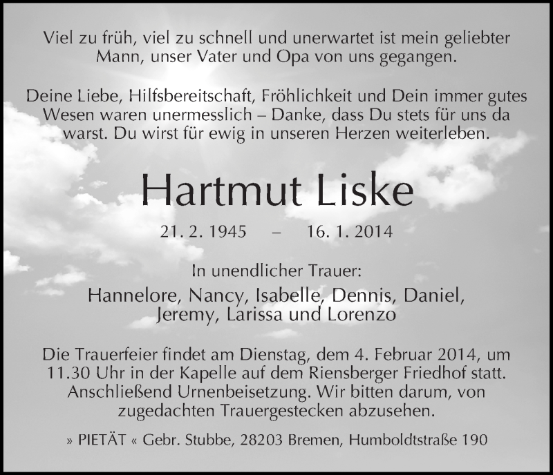 Traueranzeige von Hartmut Liske von WESER-KURIER