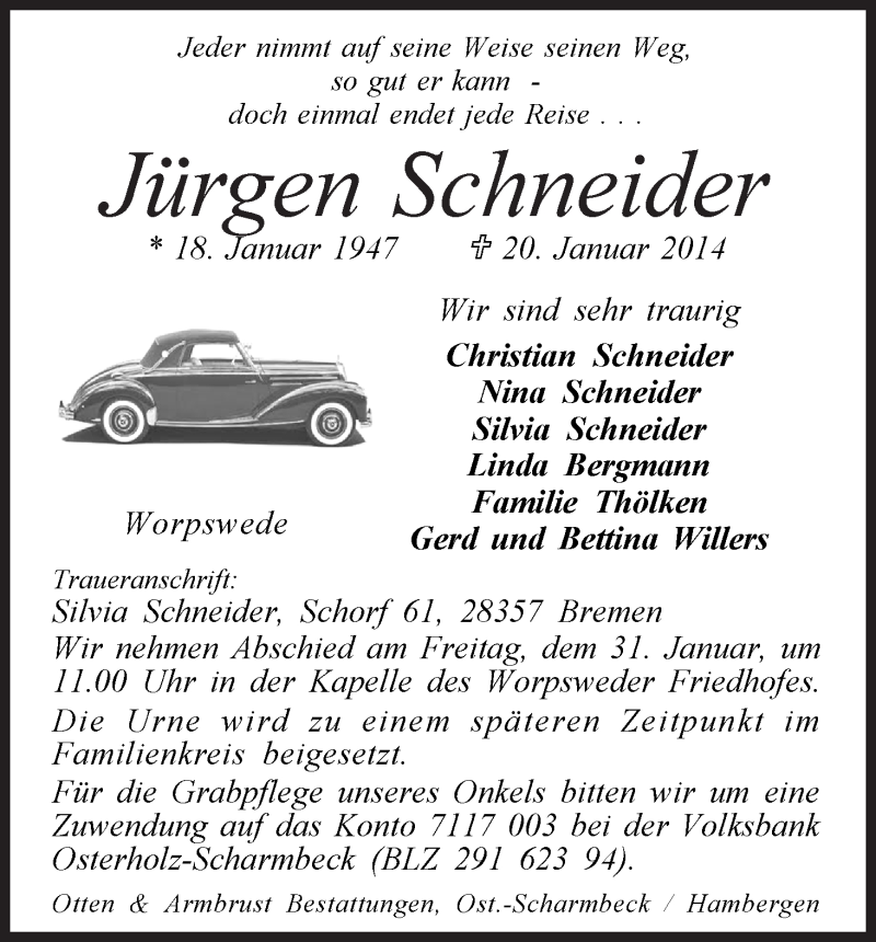  Traueranzeige für Jürgen Schneider vom 25.01.2014 aus WESER-KURIER