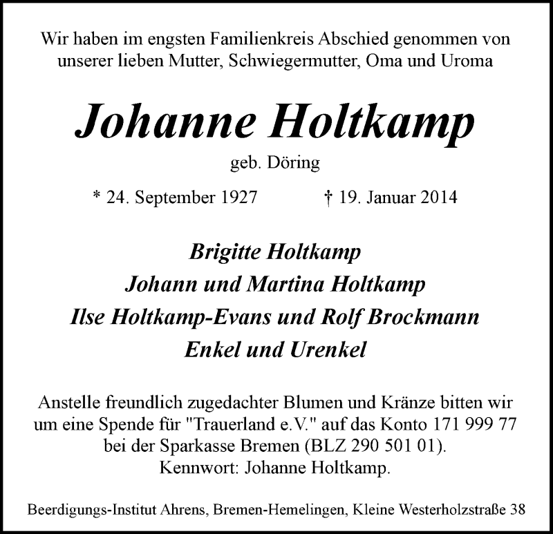 Traueranzeige von Johanne Holtkamp von WESER-KURIER