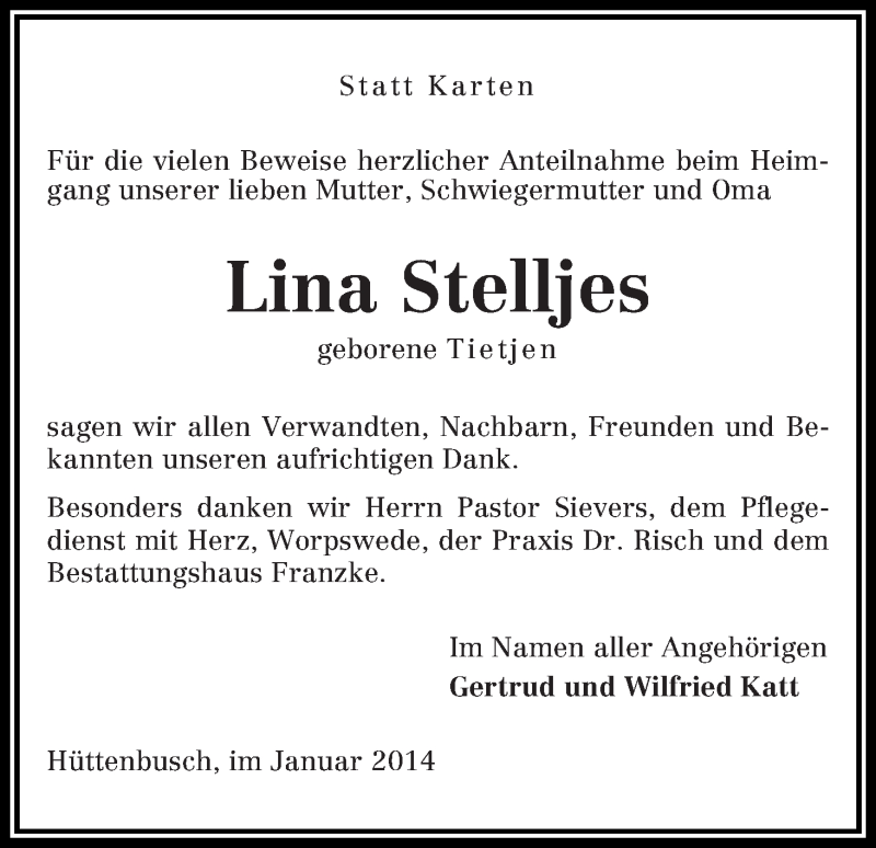 Traueranzeige von Lina Stelljes von WESER-KURIER