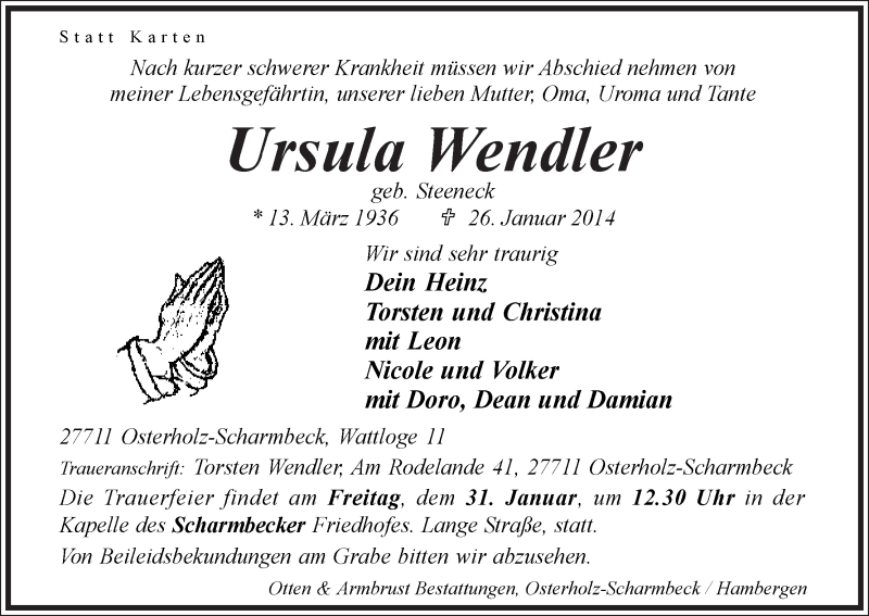 Traueranzeige von Ursula Wendler von WESER-KURIER
