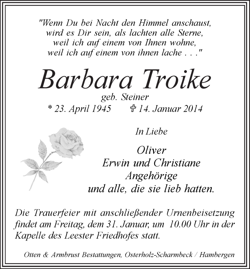 Traueranzeige von Barbara Troike von WESER-KURIER