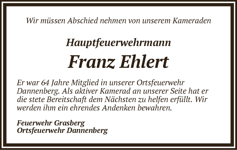 Traueranzeige von Franz Ehlert von WESER-KURIER