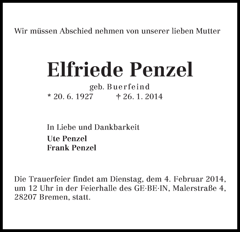 Traueranzeige von Elfriede Penzel von WESER-KURIER