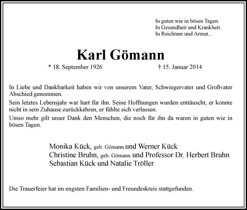 Traueranzeige von Karl Gömann von WESER-KURIER