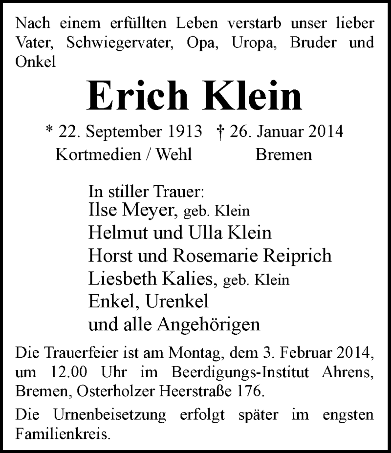 Traueranzeige von Erich Klein von WESER-KURIER