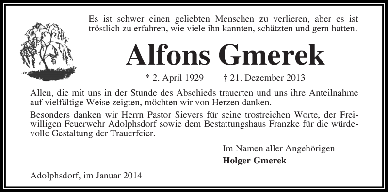 Traueranzeige von Alfons Gmerek von WESER-KURIER
