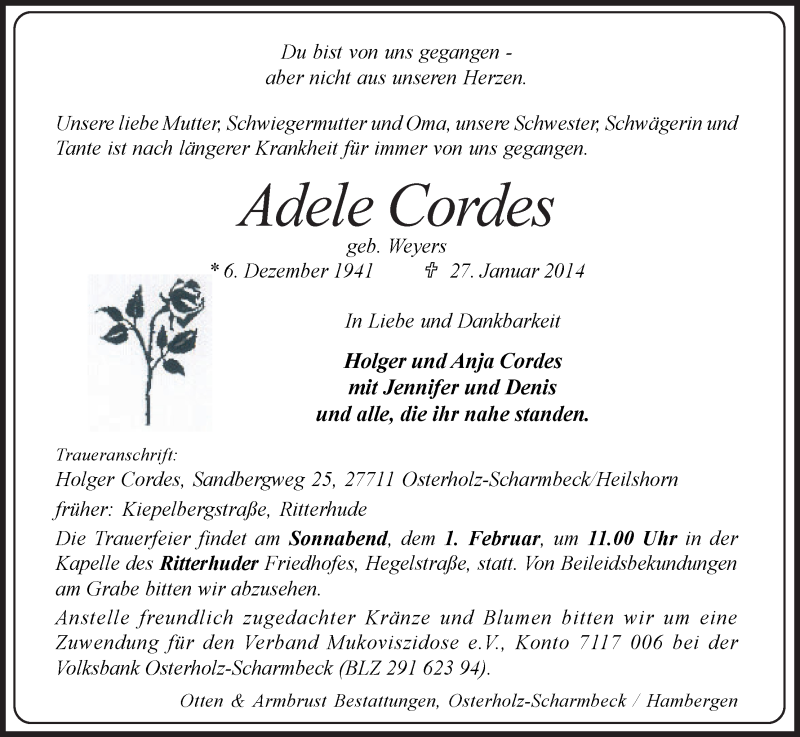 Traueranzeige von Adele Cordes von WESER-KURIER