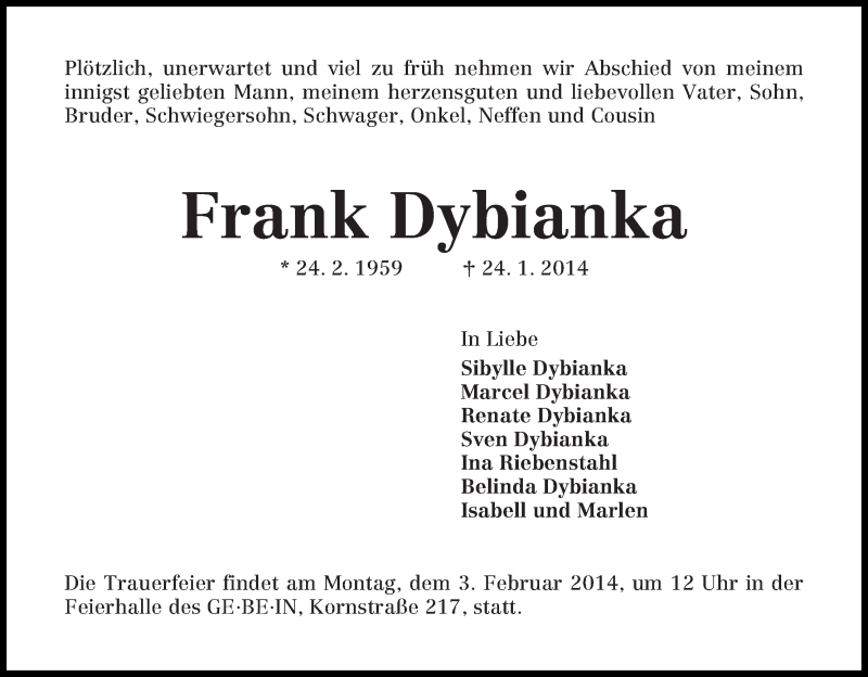 Traueranzeige von Frank Dybianka von WESER-KURIER