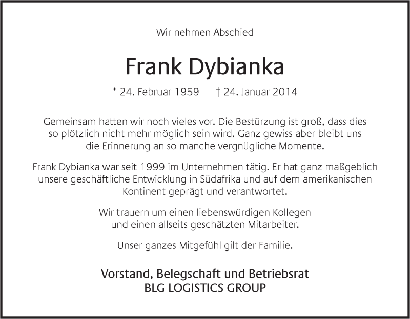 Traueranzeige von Frank Dybianka von WESER-KURIER