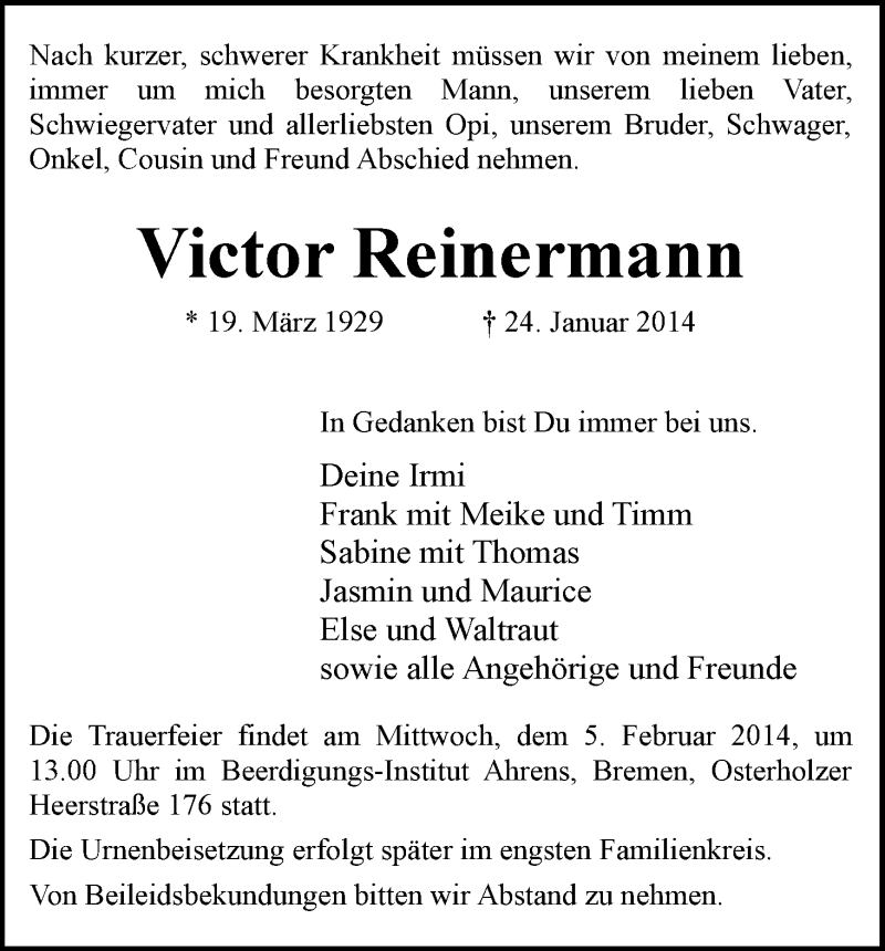 Traueranzeige von Victor Reinermann von WESER-KURIER