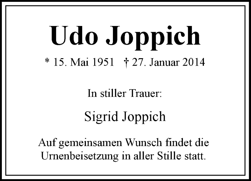 Traueranzeige von Udo Joppich von WESER-KURIER