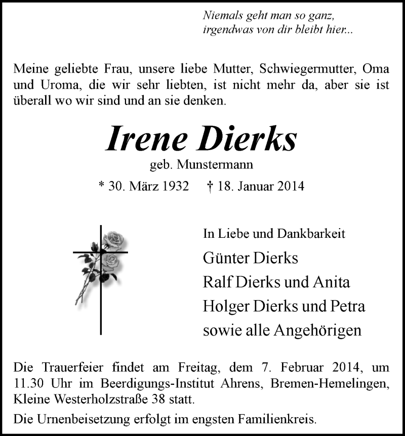 Traueranzeige von Irene Dierks von WESER-KURIER