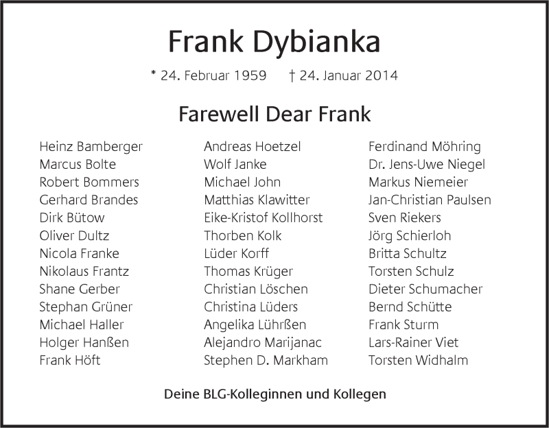 Traueranzeige von Frank Dybianka von WESER-KURIER