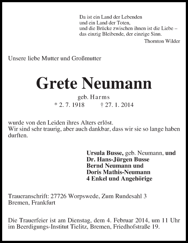 Traueranzeige von Grete Neumann von WESER-KURIER