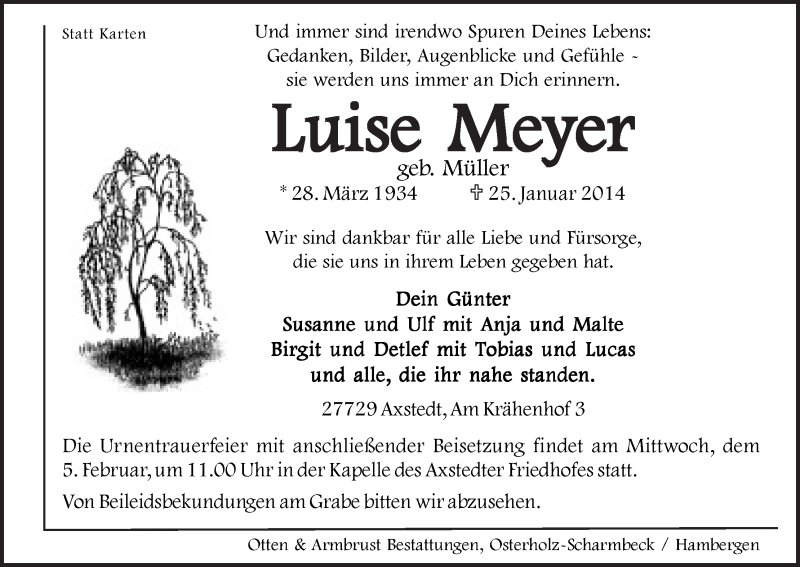 Traueranzeige von Luise Meyer von WESER-KURIER