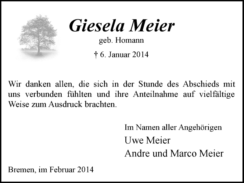 Traueranzeige von Giesela Meier von WESER-KURIER