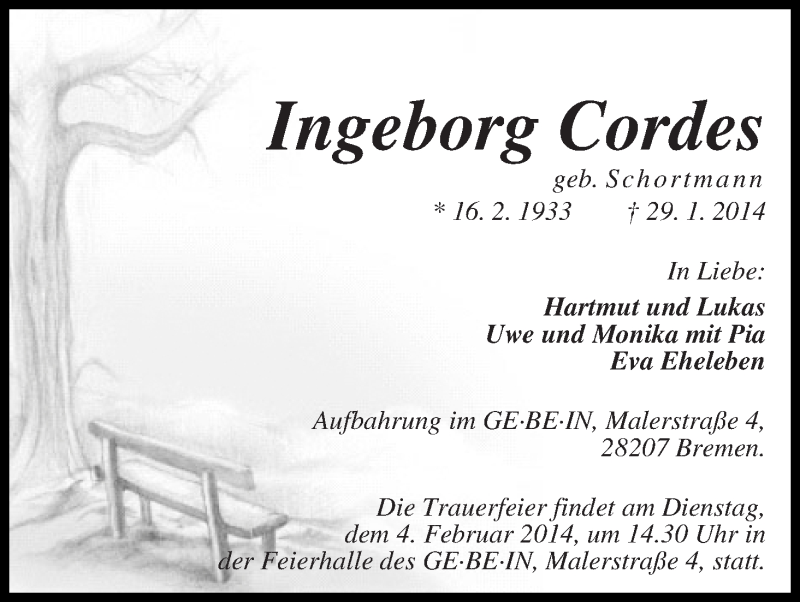 Traueranzeige von Ingeborg Cordes von WESER-KURIER