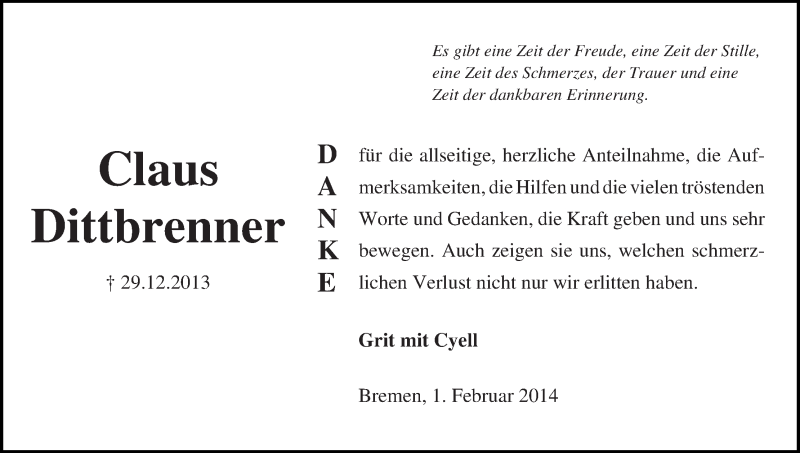  Traueranzeige für Claus Dittbrenner vom 01.02.2014 aus WESER-KURIER