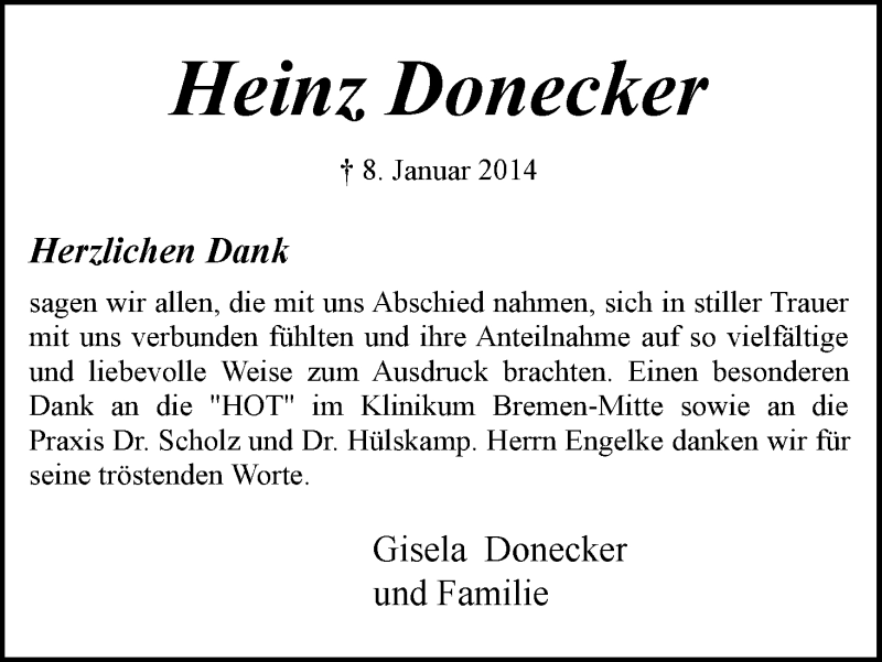 Traueranzeige von Heinz Donecker von WESER-KURIER