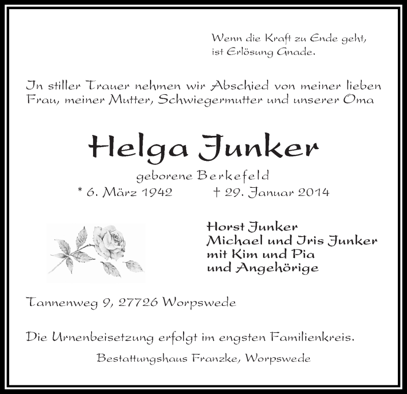 Traueranzeige von Helga Junker von WESER-KURIER