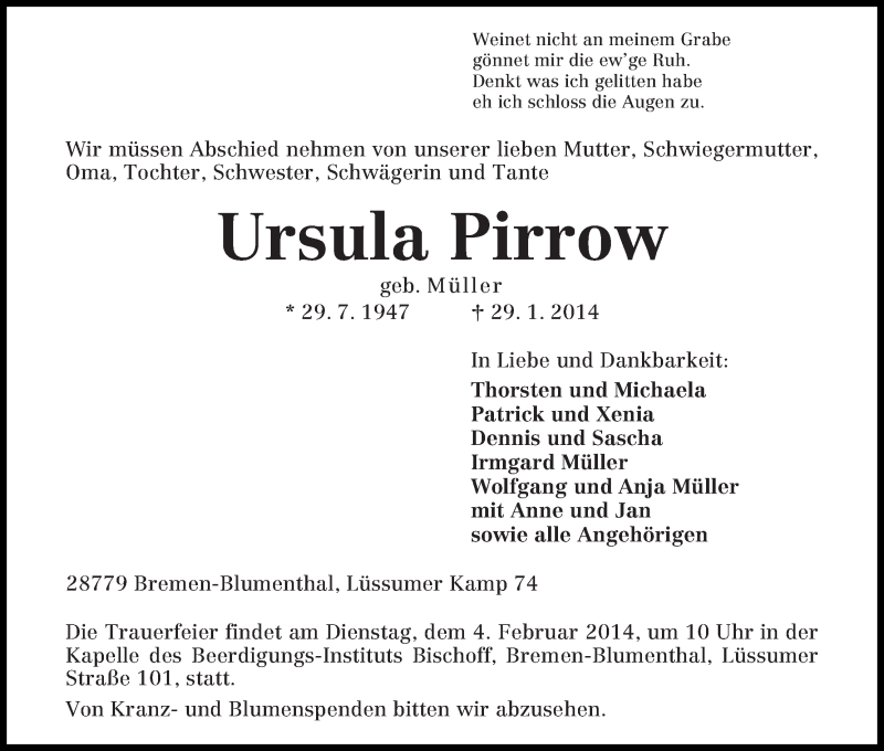 Traueranzeige von Ursula Pirrow von WESER-KURIER
