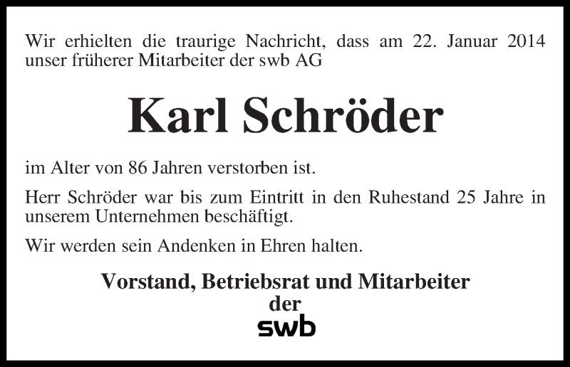 Traueranzeige von Karl Schröder von WESER-KURIER