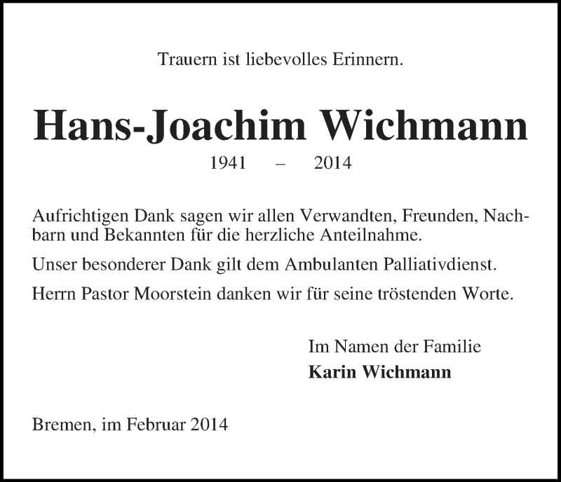 Traueranzeige von Hans-Joachim Wichmann von WESER-KURIER