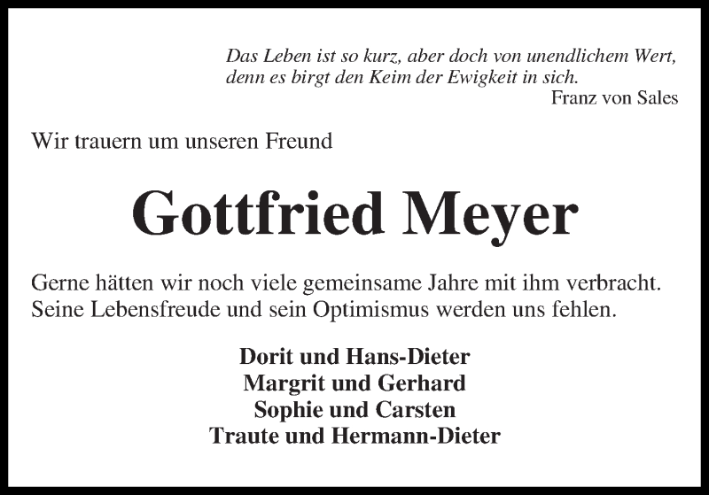 Traueranzeige von Gottfried Meyer von WESER-KURIER