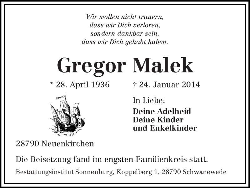 Traueranzeige von Gregor Malek von WESER-KURIER