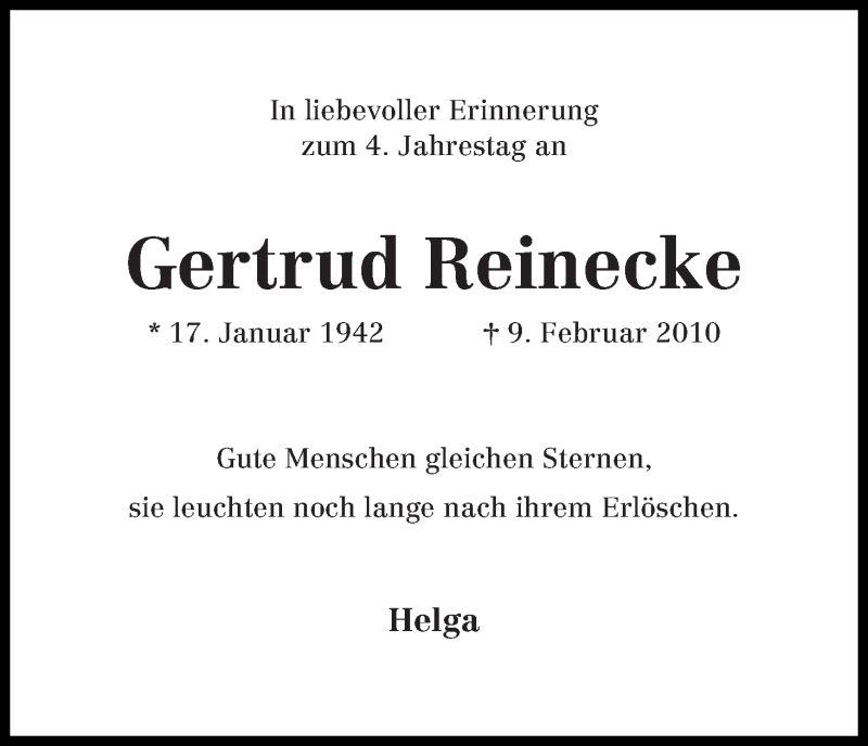  Traueranzeige für Gertrud Reinecke vom 08.02.2014 aus WESER-KURIER