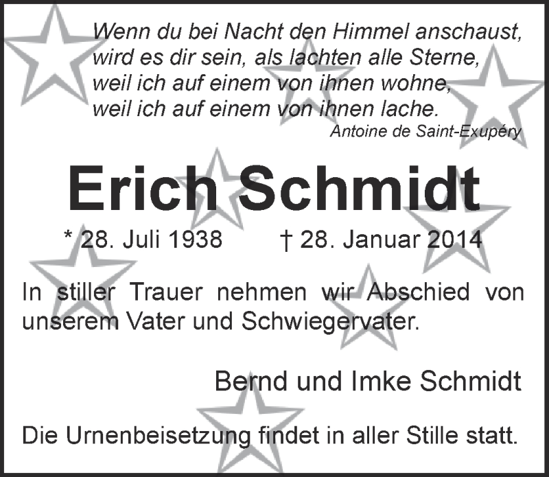 Traueranzeige von Erich Schmidt von WESER-KURIER