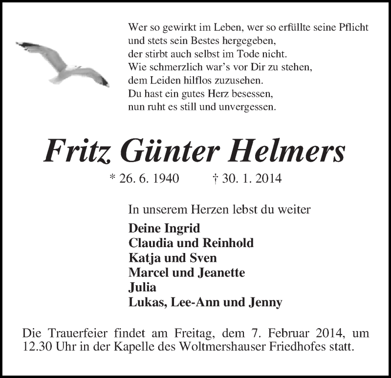  Traueranzeige für Fritz Günter Helmers vom 05.02.2014 aus WESER-KURIER