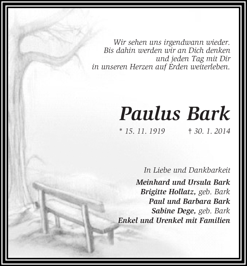 Traueranzeige von Paulus Bark von WESER-KURIER