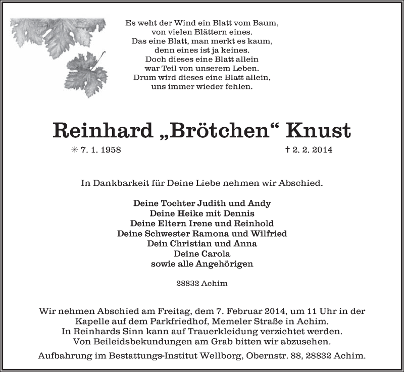 Traueranzeige von Reinhard Knust von WESER-KURIER