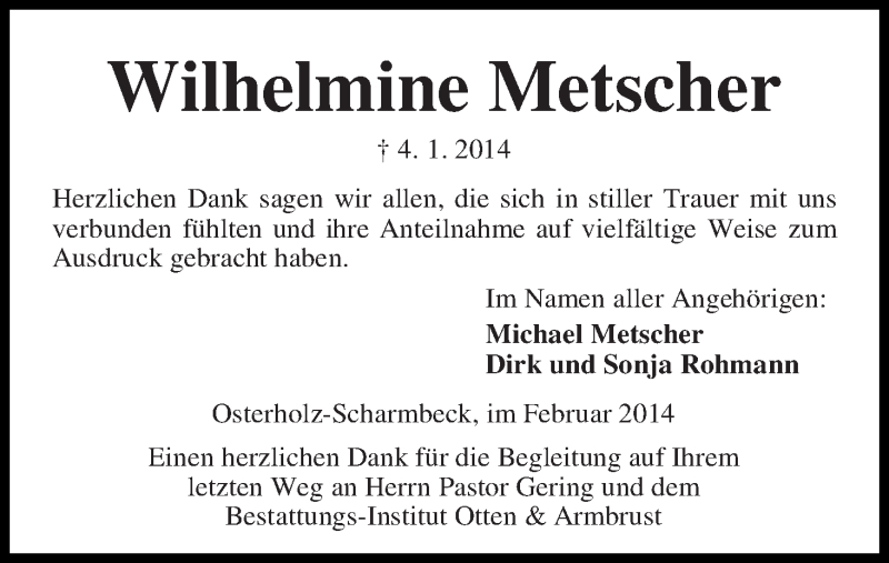 Traueranzeige von Wilhelmine Metscher von WESER-KURIER