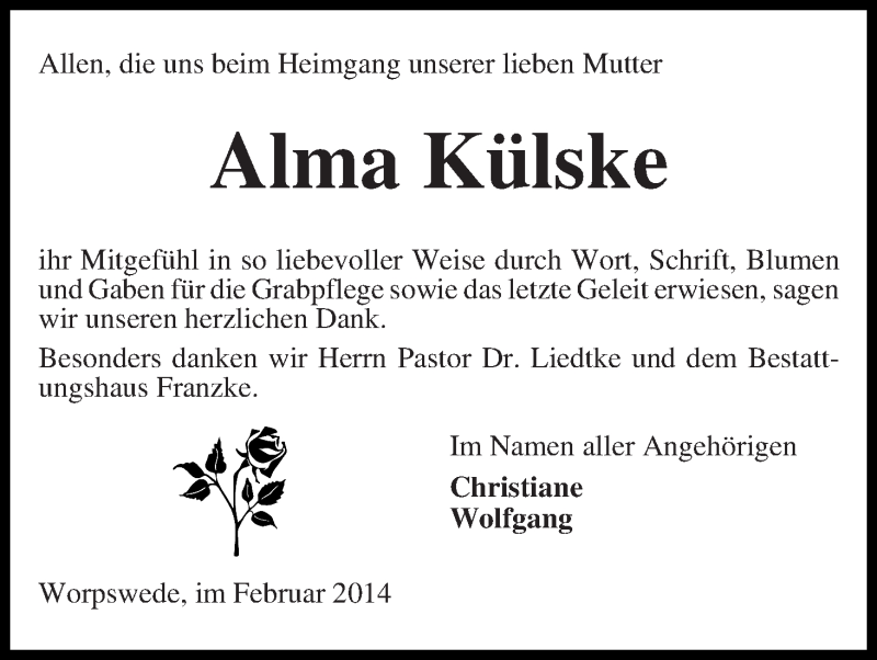 Traueranzeige von Alma Külske von WESER-KURIER