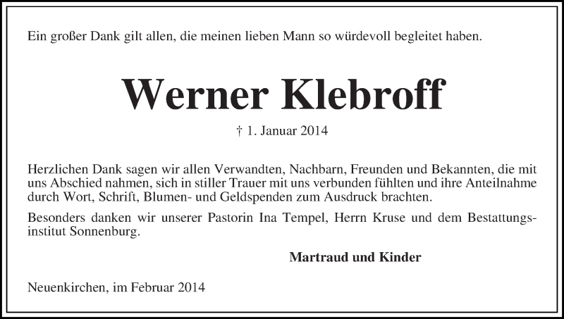 Traueranzeige von Werner Klebroff von WESER-KURIER