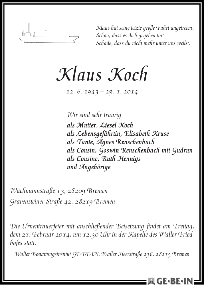 Traueranzeige von Klaus Koch von WESER-KURIER