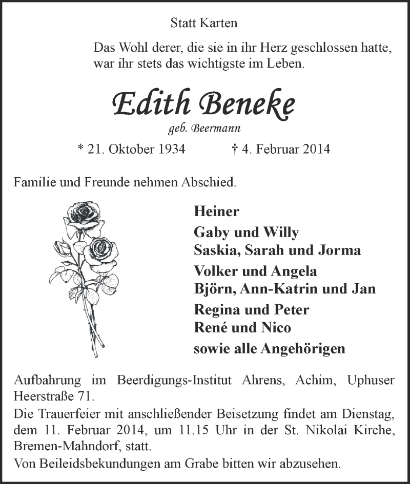 Traueranzeige von Edith Beneke von WESER-KURIER