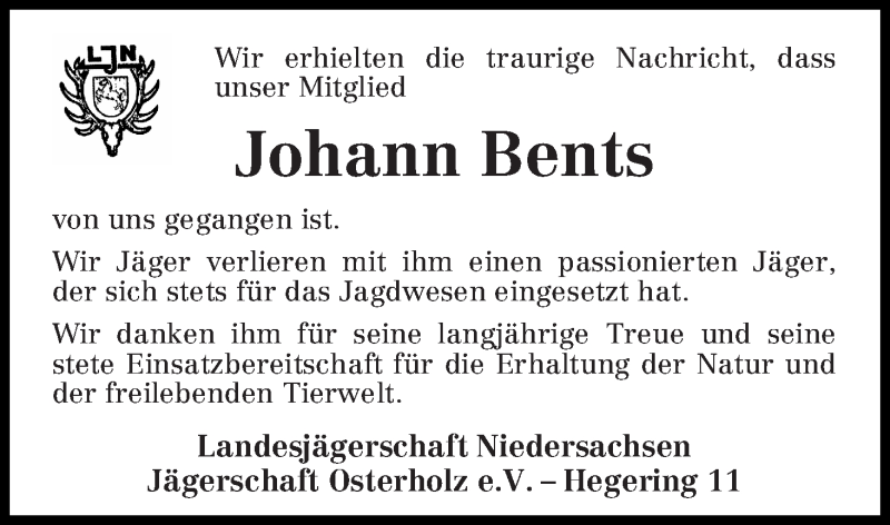 Traueranzeige von Johann Bents von Osterholzer Kreisblatt