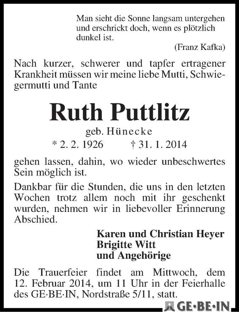 Traueranzeige von Ruth Puttlitz von WESER-KURIER