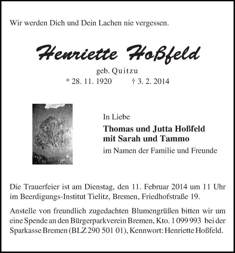  Traueranzeige für Henriette Hoßfeld vom 08.02.2014 aus WESER-KURIER
