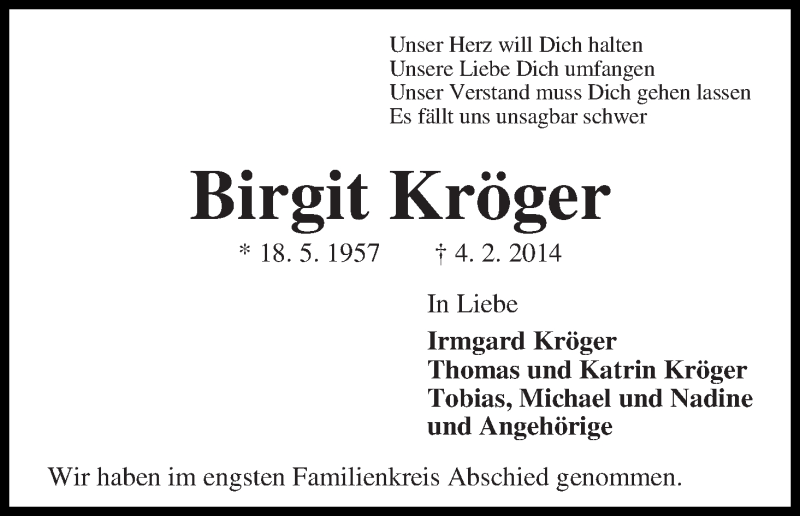 Traueranzeige von Birgit Kröger von WESER-KURIER