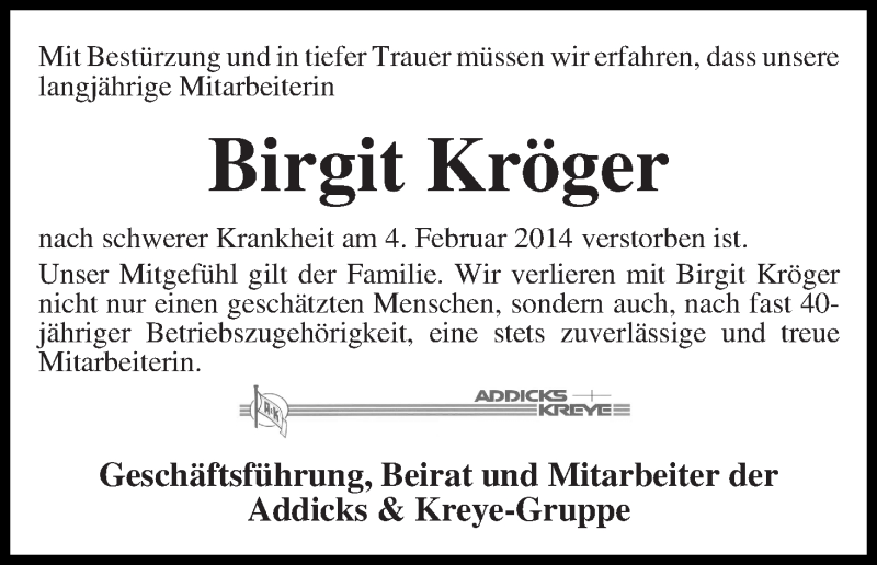 Traueranzeige von Birgit Kröger von WESER-KURIER