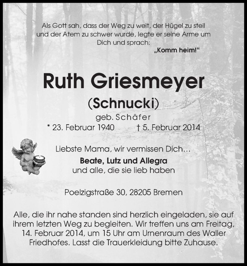 Traueranzeige von Ruth Griesmeyer von WESER-KURIER