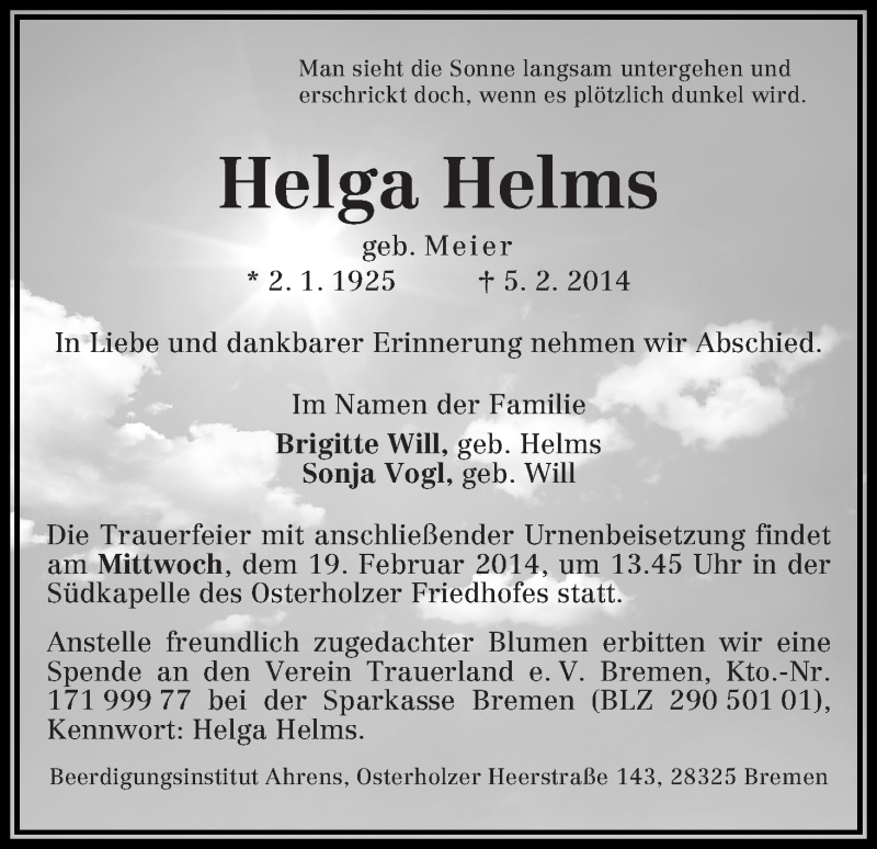 Traueranzeige von Helga Helms von WESER-KURIER