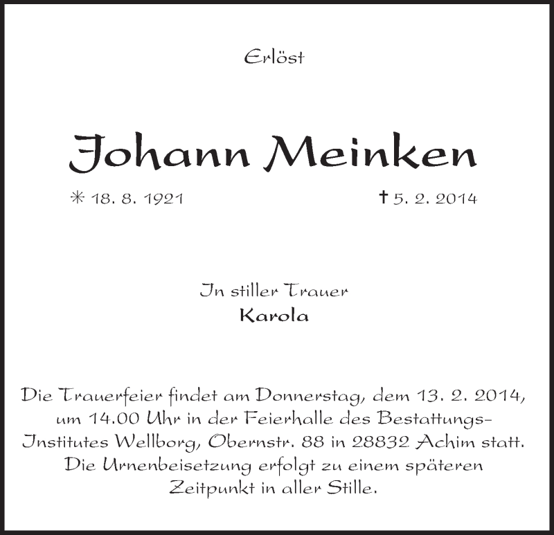 Traueranzeige von Johann Meinken von WESER-KURIER