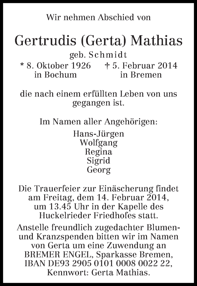 Traueranzeige von Gertrudis Mathias von WESER-KURIER